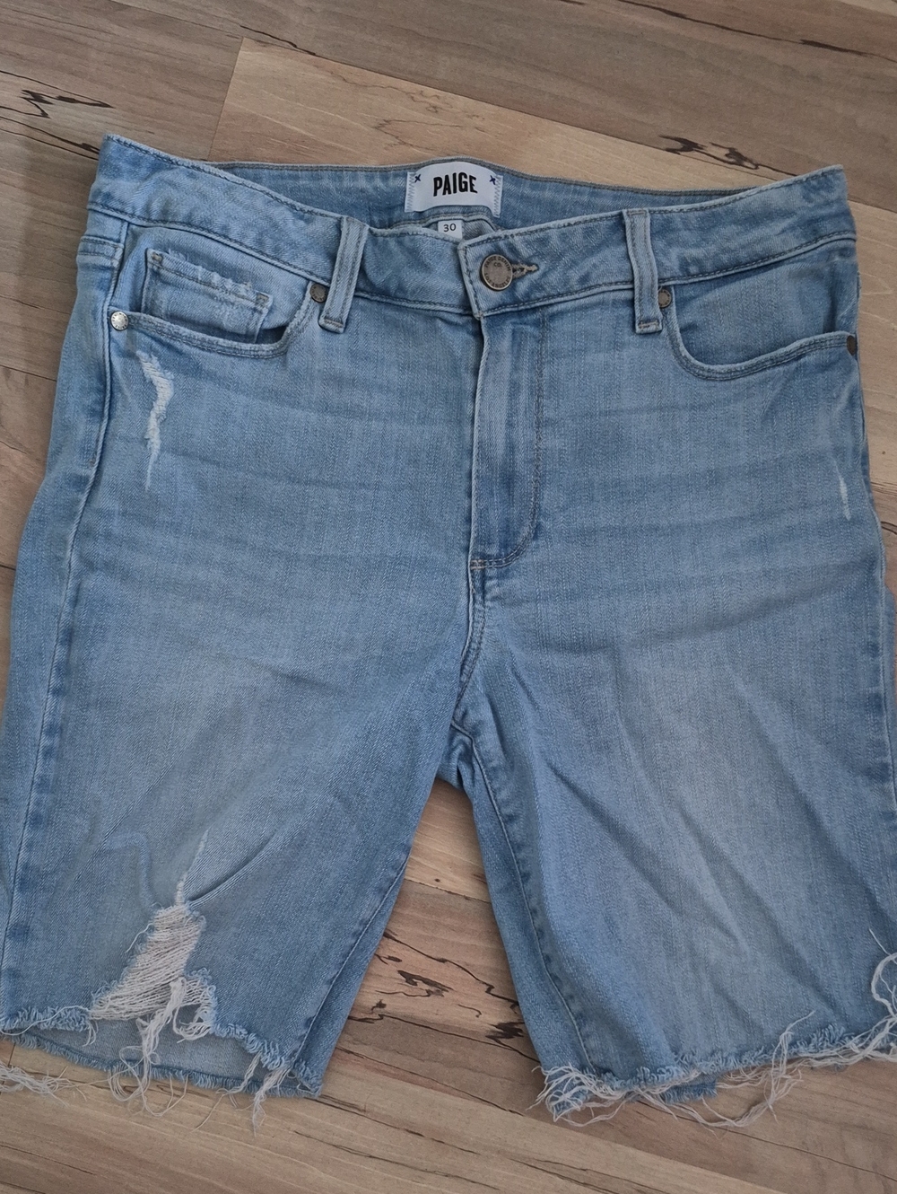 PAIGE Light Blue Distressed Boyfriend Denim Shorts